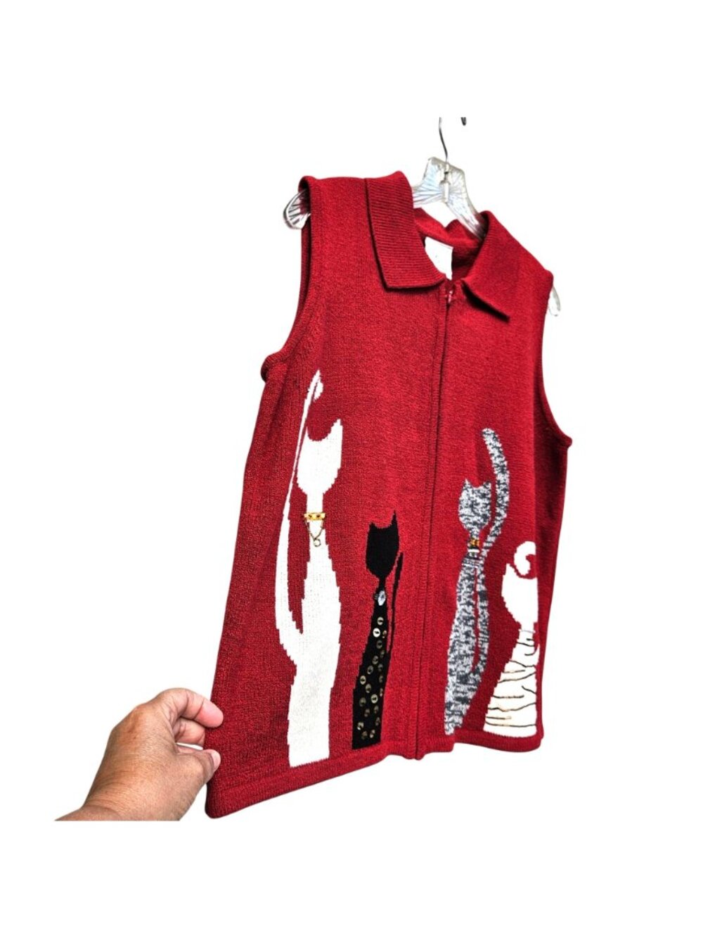 Allison Daley Vintage 90s Red Cat Knit Sweater Vest Zip M/L - Picture 4 of 14
